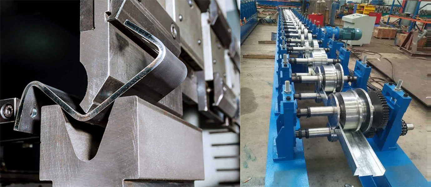 Side-by-side comparison — a press brake forming a multi-bend sheet metal part (left) next to a roll forming line with progressive forming stands (right).